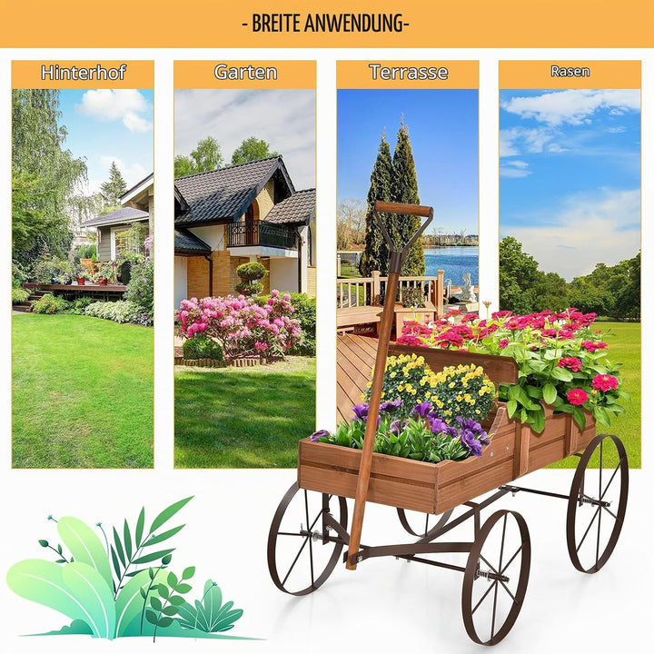 RELAX4LIFE Blumenständer mit 4 Rädern aus Metall, Pflanzwagen aus Massivholz, Holzwagen bis zu 15 kg