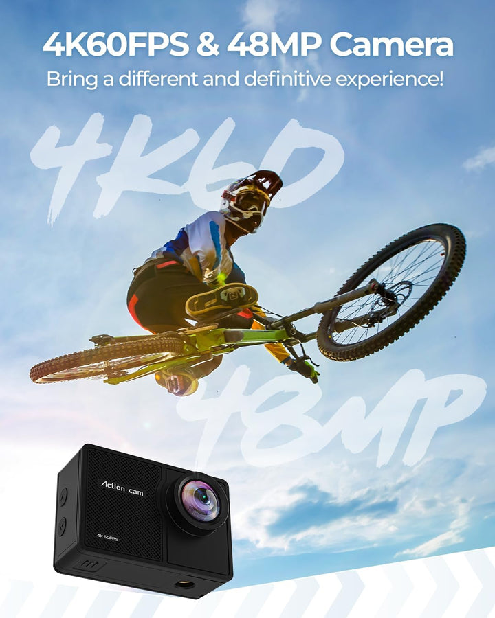 4K 60FPS Action Cam, Unterwasserkamera mit 128G SD Karte 48MP HD WiFi Kamera mit EIS 40M Wasserdicht