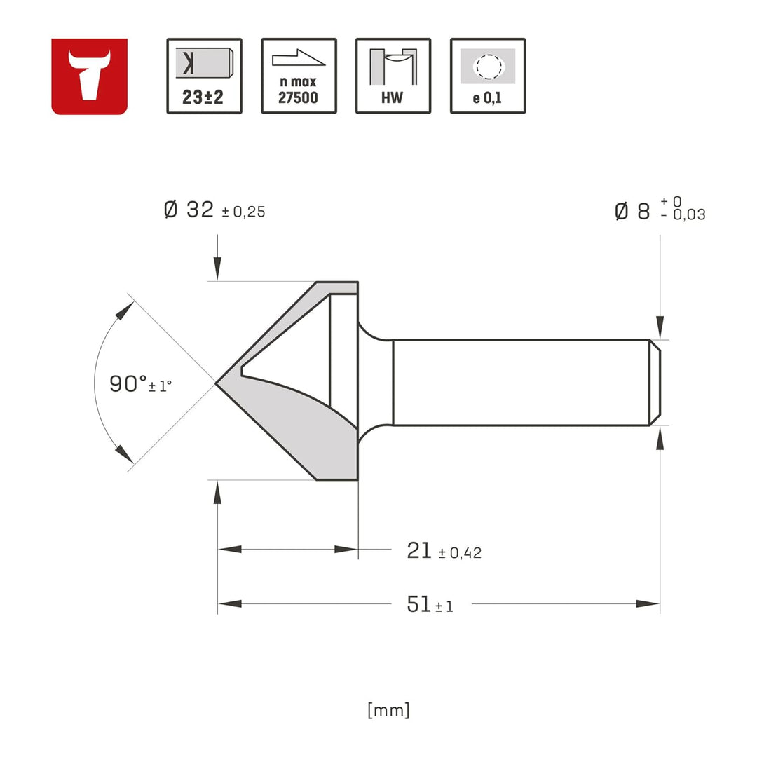 STIER Gipskartonfräser Rigipsfräser, 90° Winkel, D32 mm, 8 mm Schaft für Oberfräsen, 32 mm Durchmess