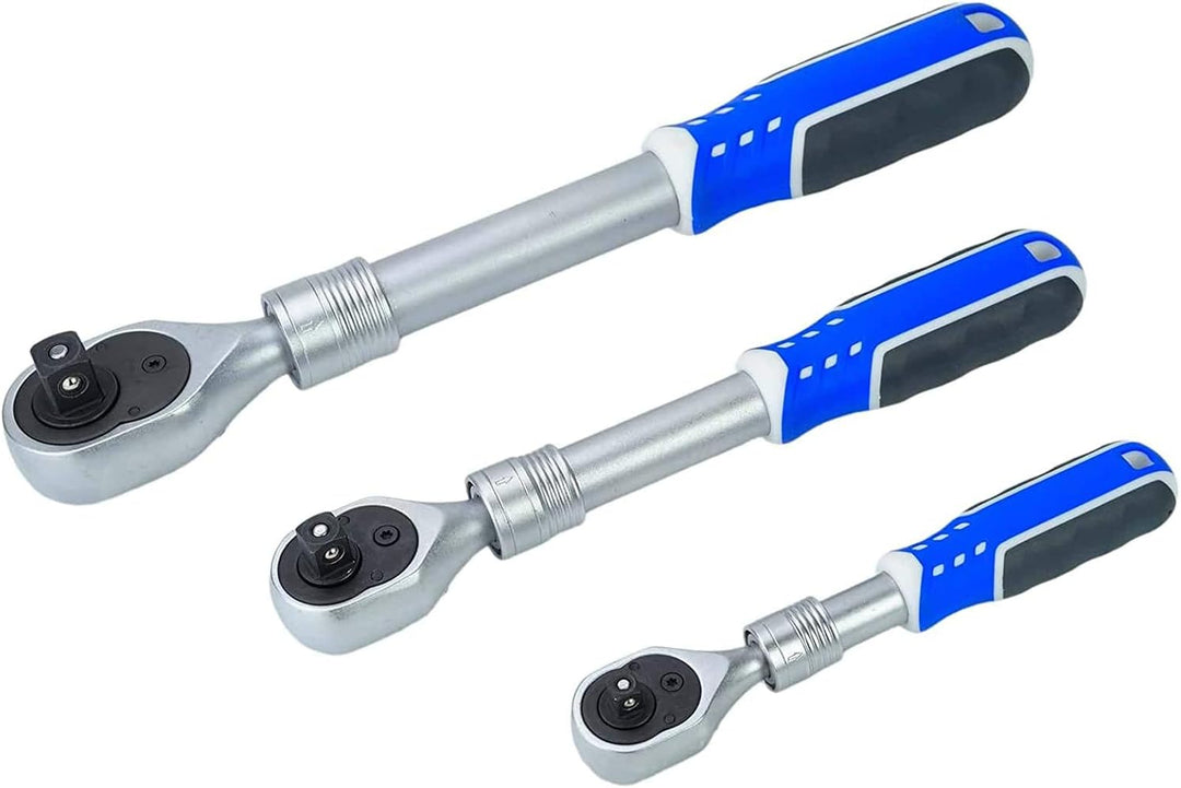 HASKYY | 1/2" + 3/8" + 1/4" | Teleskop-Ratsche-Knarre-Set I Umschaltknarre ausziehbar | feinverzahnt