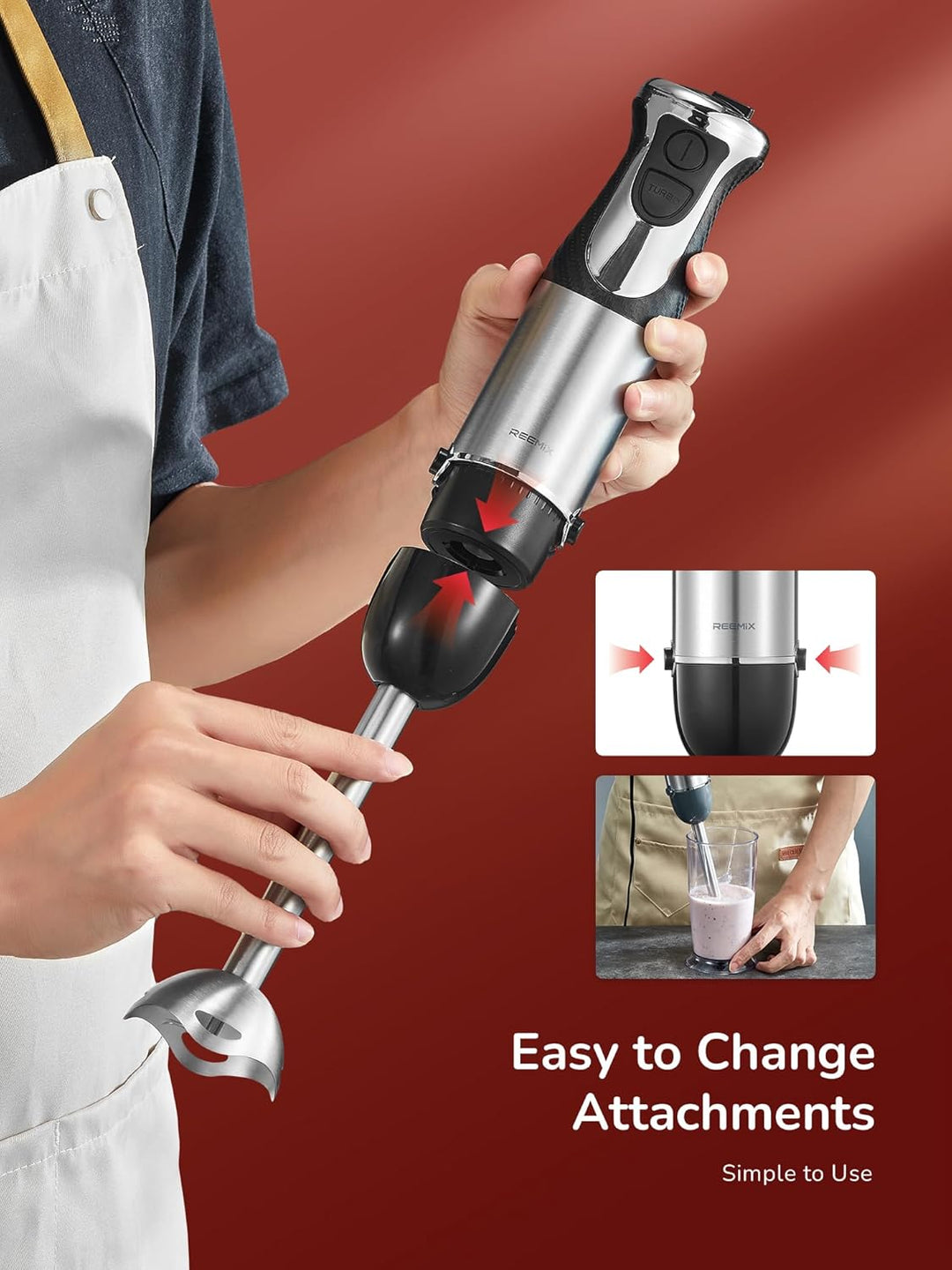 Pürierstab, 5-in-1 Stabmixer Edelstahl, 1000W Pürierstab mit 12 Geschwindigkeiten und Turbo-Modi, In