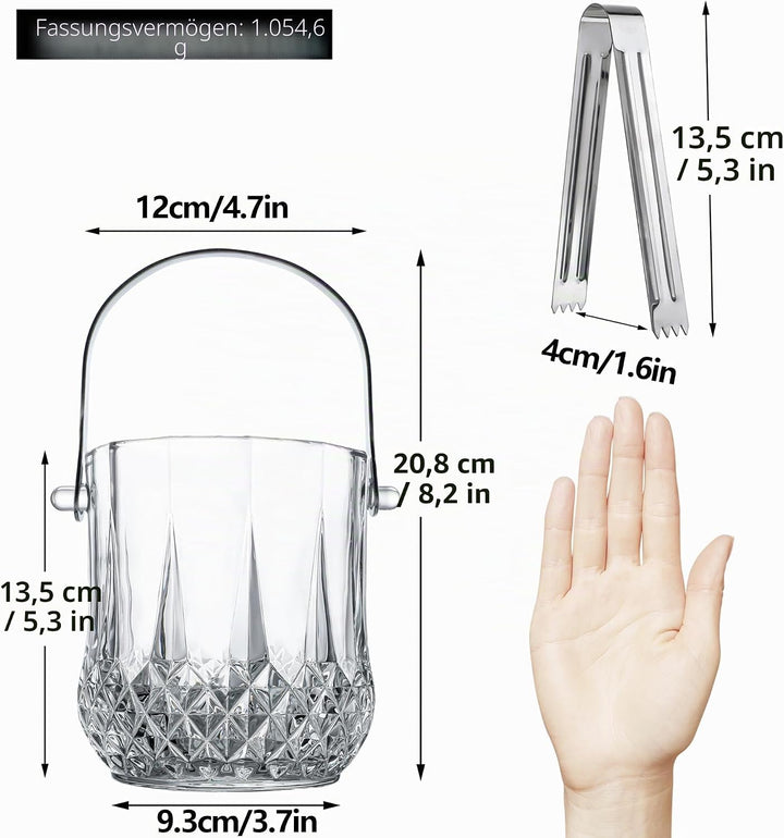Glas-Eiskübel mit Griff und Eiszange, hält 1,0 l Eiskübel für Cocktailbar, Wein, Zuhause, Bar, Zubeh