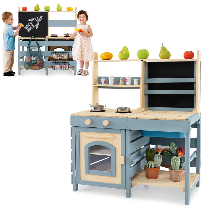 COSTWAY 2 in 1 Kinderküche & Kaufladen, Matschküche Outdoor Kinder, mit Tafel, Metallkörben, Aufbewa