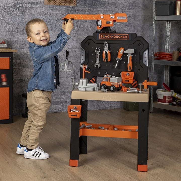 Smoby – Black+Decker Kinderwerkbank mit Kran – 87 Zubehörteile inkl. 7 Werkzeuge wie Säge, Schraubst