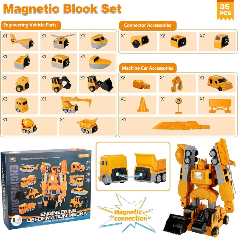 Pipihome Magnetische Bauwelt Fahrzeuge, 35PCS Magnetischer Verformung Roboter Baustellenfahrzeuge Au