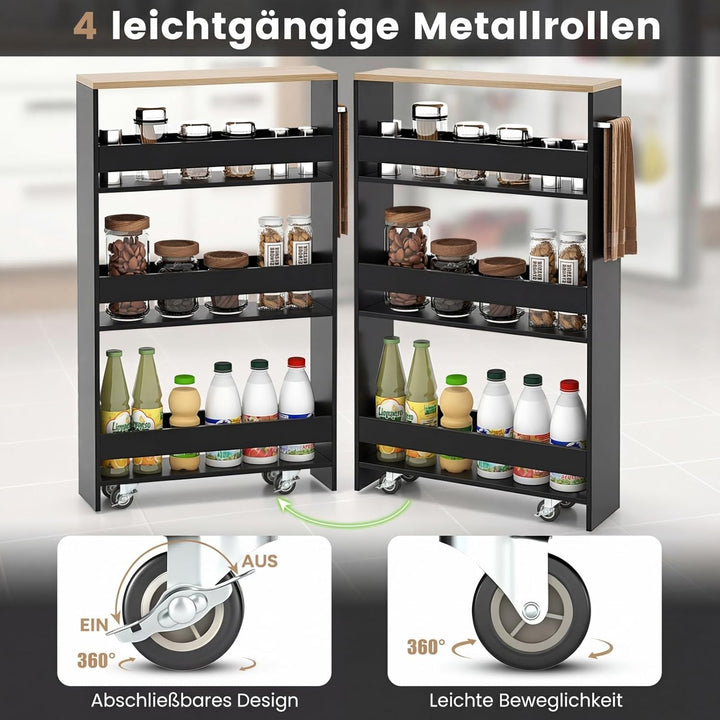 COSTWAY Nischenwagen 13cm breit, Nischenregal Badregal 4 Etagen, Nischenschrank auf Rollen, Servierw