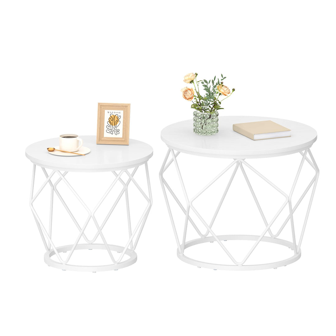 Hzuaneri Couchtisch rund, 2er Set Beistelltische, Beistelltisch-Set mit Metallrahmen, Kleiner Beiste