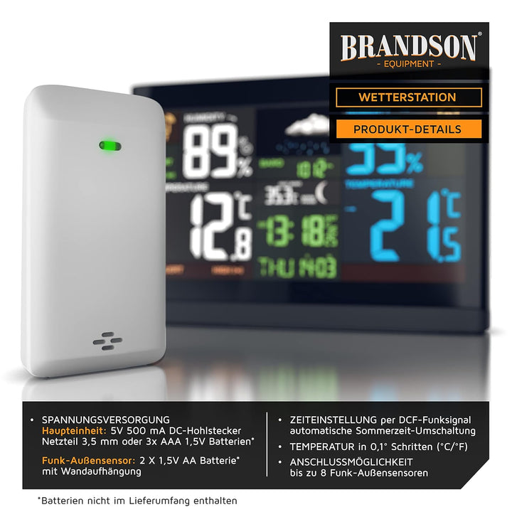 Brandson Funk Wetterstation mit Farbdisplay - mit Aussensensor - DCF Empfangssignal Funkuhr - Innen-