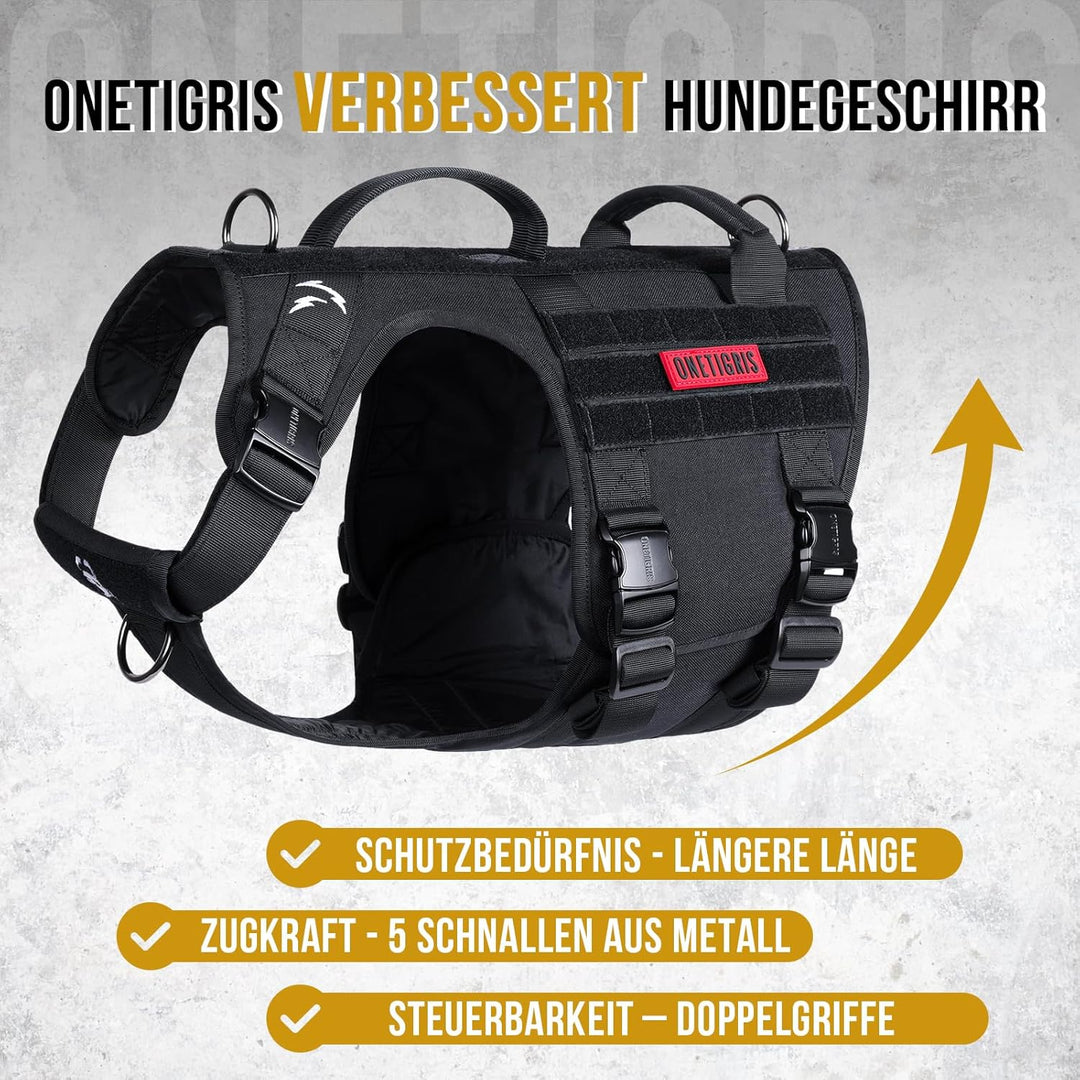 OneTigris Hundegeschirr, Metall Taktisches Geschirr Hunde Brustgeschirr mit 2 Komfort-Griffe, 3 Edel