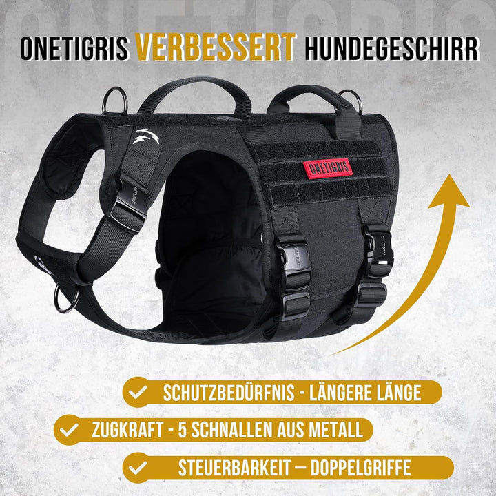 OneTigris Hundegeschirr, Metall Taktisches Geschirr Hunde Brustgeschirr mit 2 Komfort-Griffe, 3 Edel