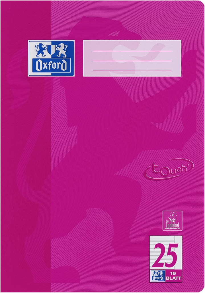Oxford Schulheft A4, Touch, 16 Blatt, Lineatur 25, liniert, 15 Stück Pink L 25 - liniert mit Rand Ei