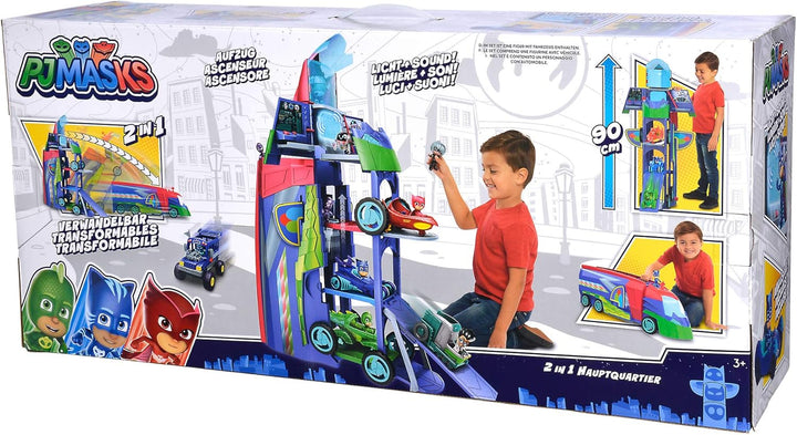 Simba 109402466 - PJ Masks Verwandelbares Hauptquartier, Fahrzeug, 2-in-1, transformiert sich, mit L