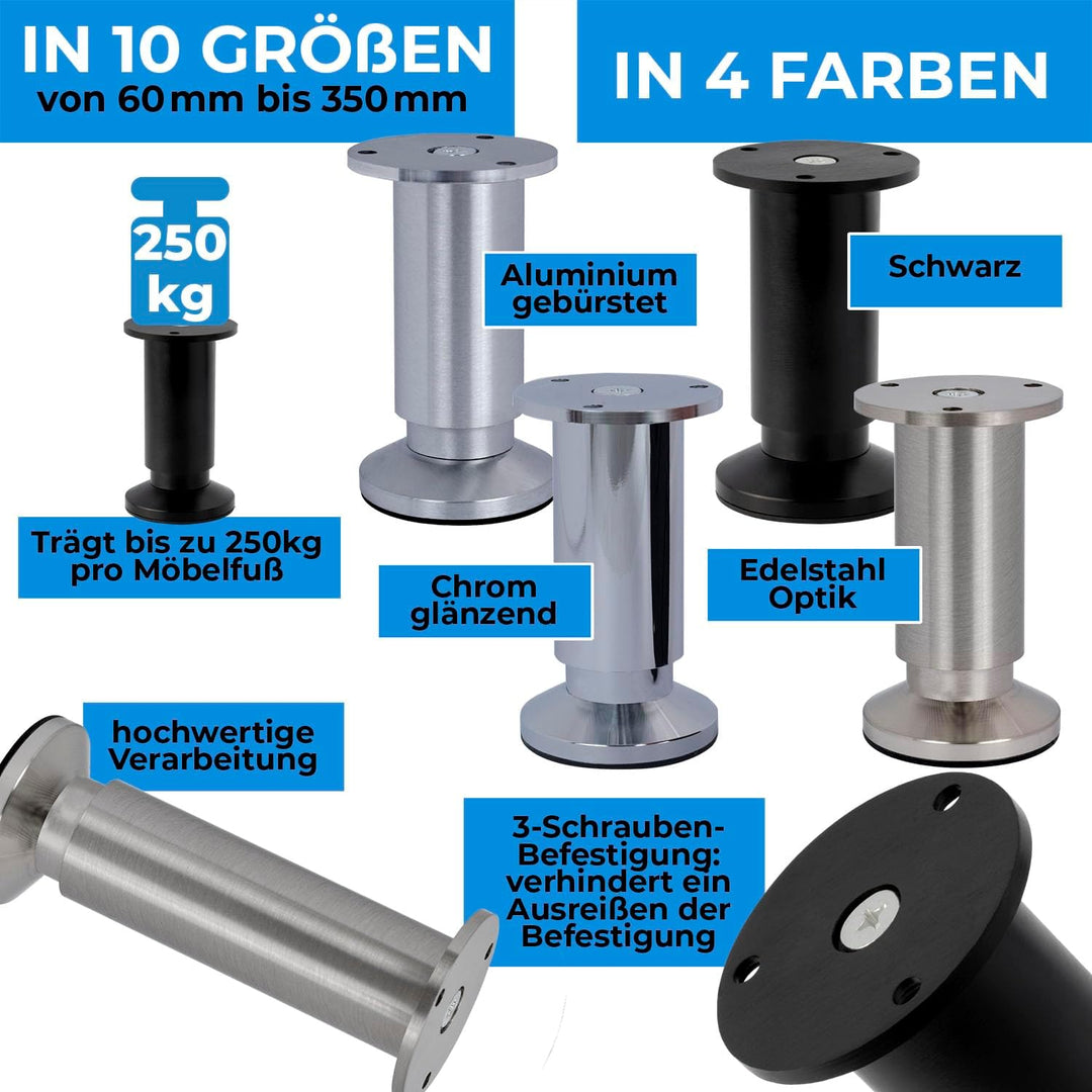 4er SET Möbelfüsse verstellbar Sofafuss Möbelbeine| SCHWARZ MATT | Höhe 25 cm |Ø 38 mm|stabile Ausfü