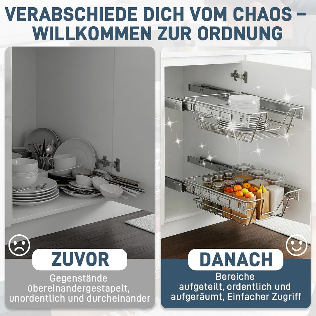 NAIZY 2x Teleskopschublade 60cm Breite Küchenschublade anwendbar Küchen Regal Silber aus Massiver Ed