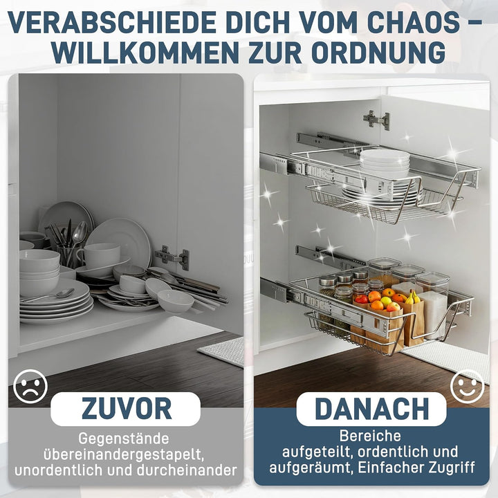 NAIZY 2x Teleskopschublade 60cm Breite Küchenschublade anwendbar Küchen Regal Silber aus Massiver Ed