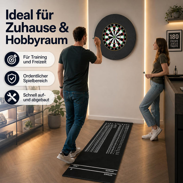 Dartteppich &amp; Dart Surround Set - 300x60 cm Dartmatte mit Abwurflinien &amp; Checkout-Tabelle + 13cm Puz