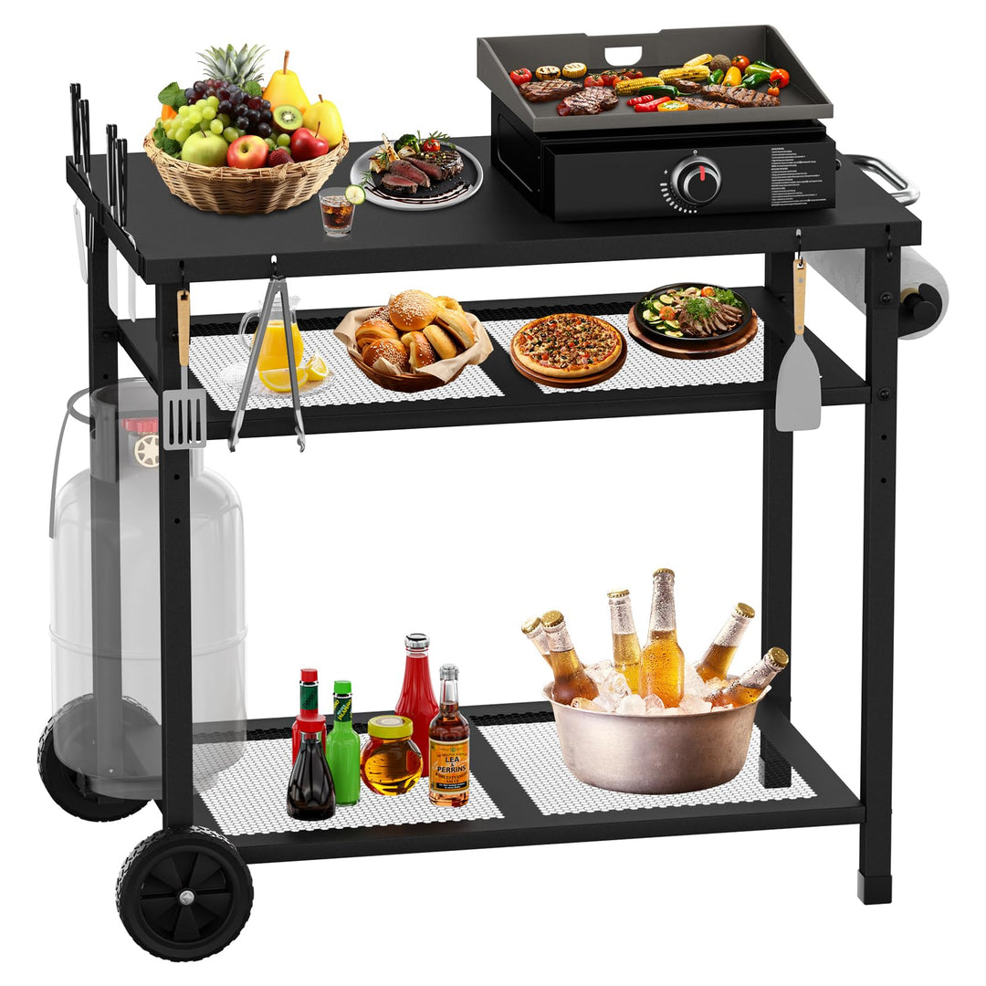 multifunktionaler Grillwagen, 3-Etagen Grill-Esswagen, Küchenwagen mit Papierhandtuchhalter und Hake