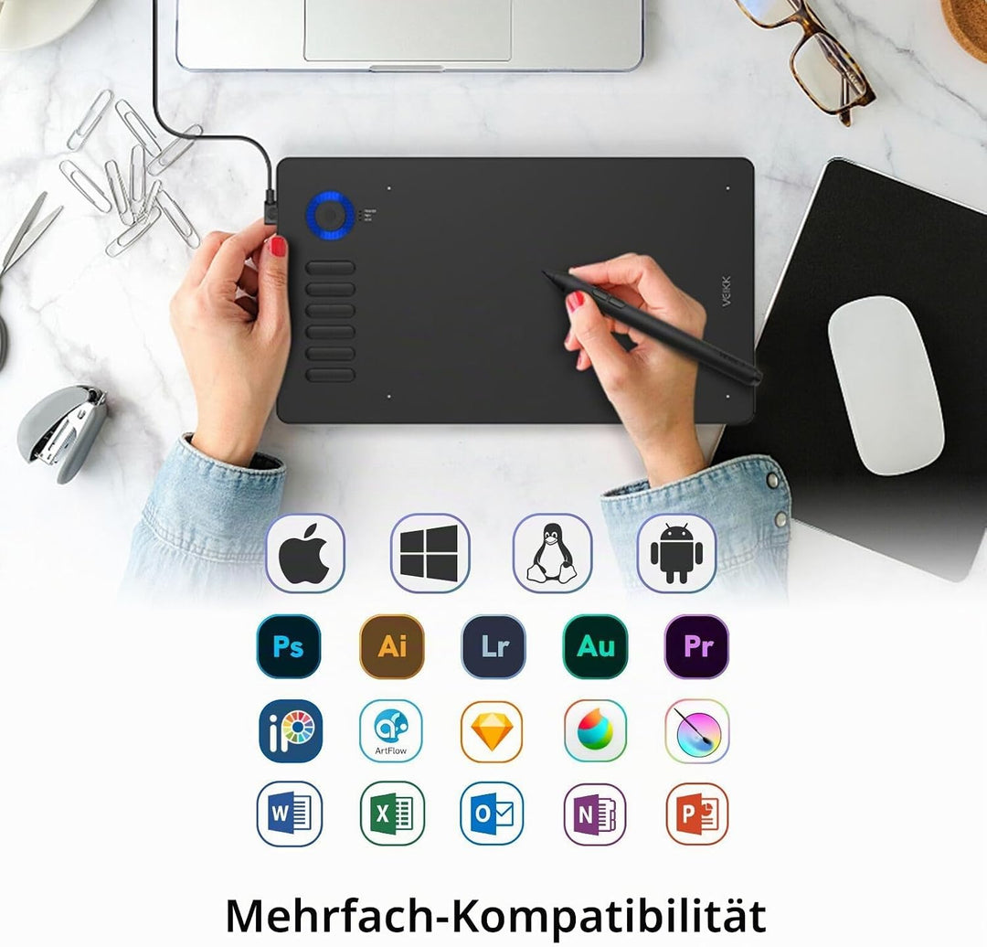 Grafiktablett für PC VEIKK A15 Pro, 10x6 Zoll Zeichentablett mit batterielosem Stift und 12 Express-