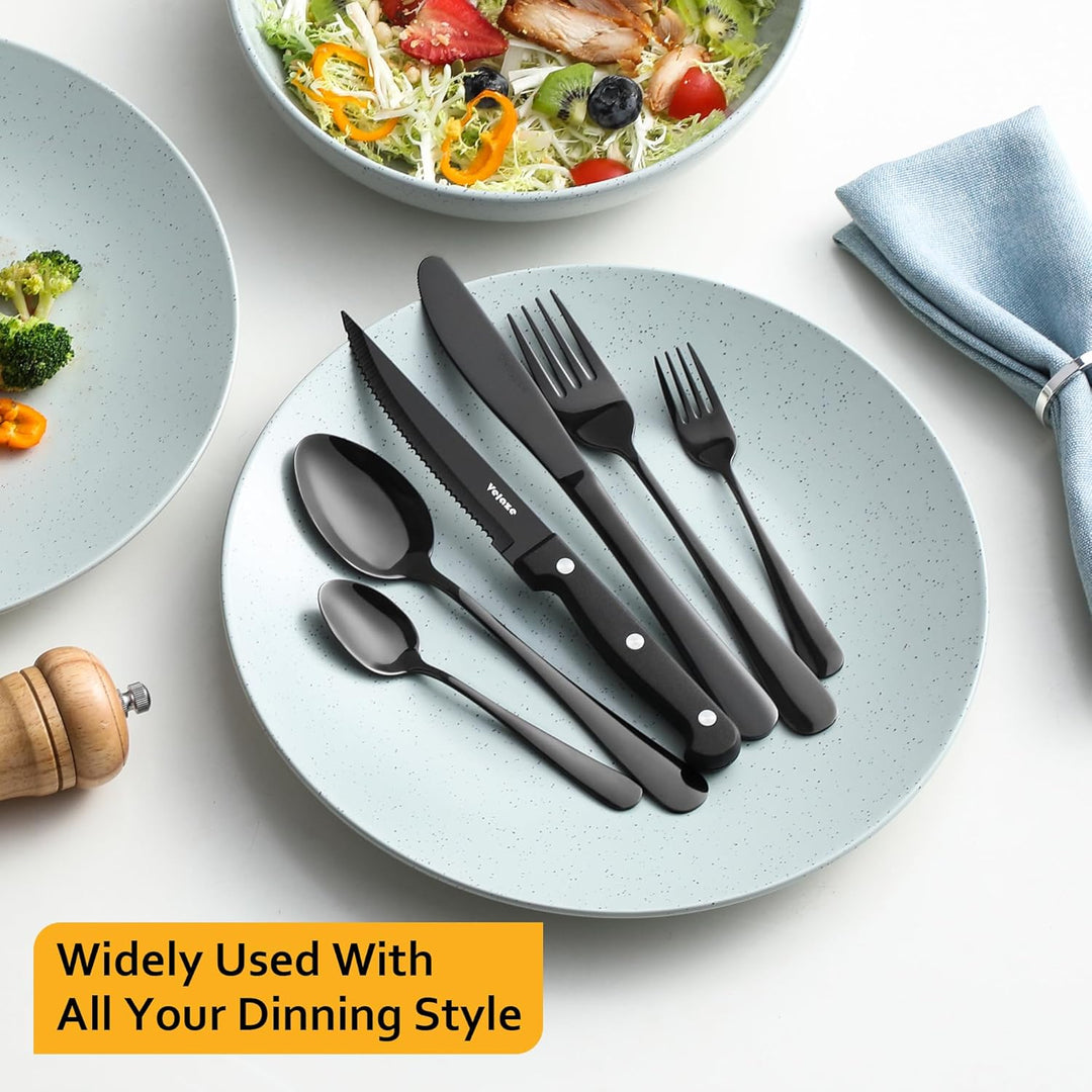 Velaze Besteck Set Schwarz 8 Personen, 48 teilig Besteckset mit Steakmesser, Glänzendes Essbesteck S