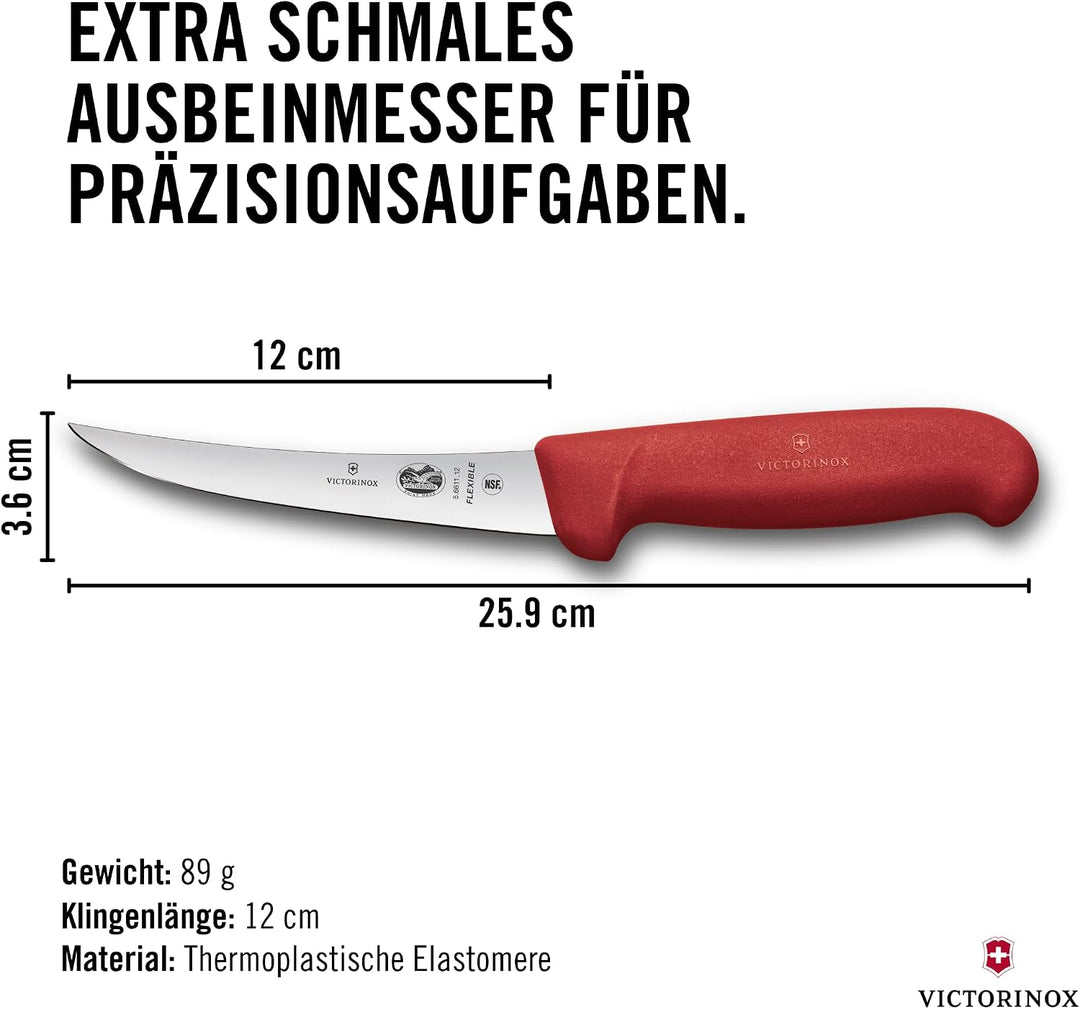 Victorinox Fibrox Ausbeinmesser, Scharfes Küchenmesser für Fleisch und Fisch, 12 cm, Gebogene Klinge