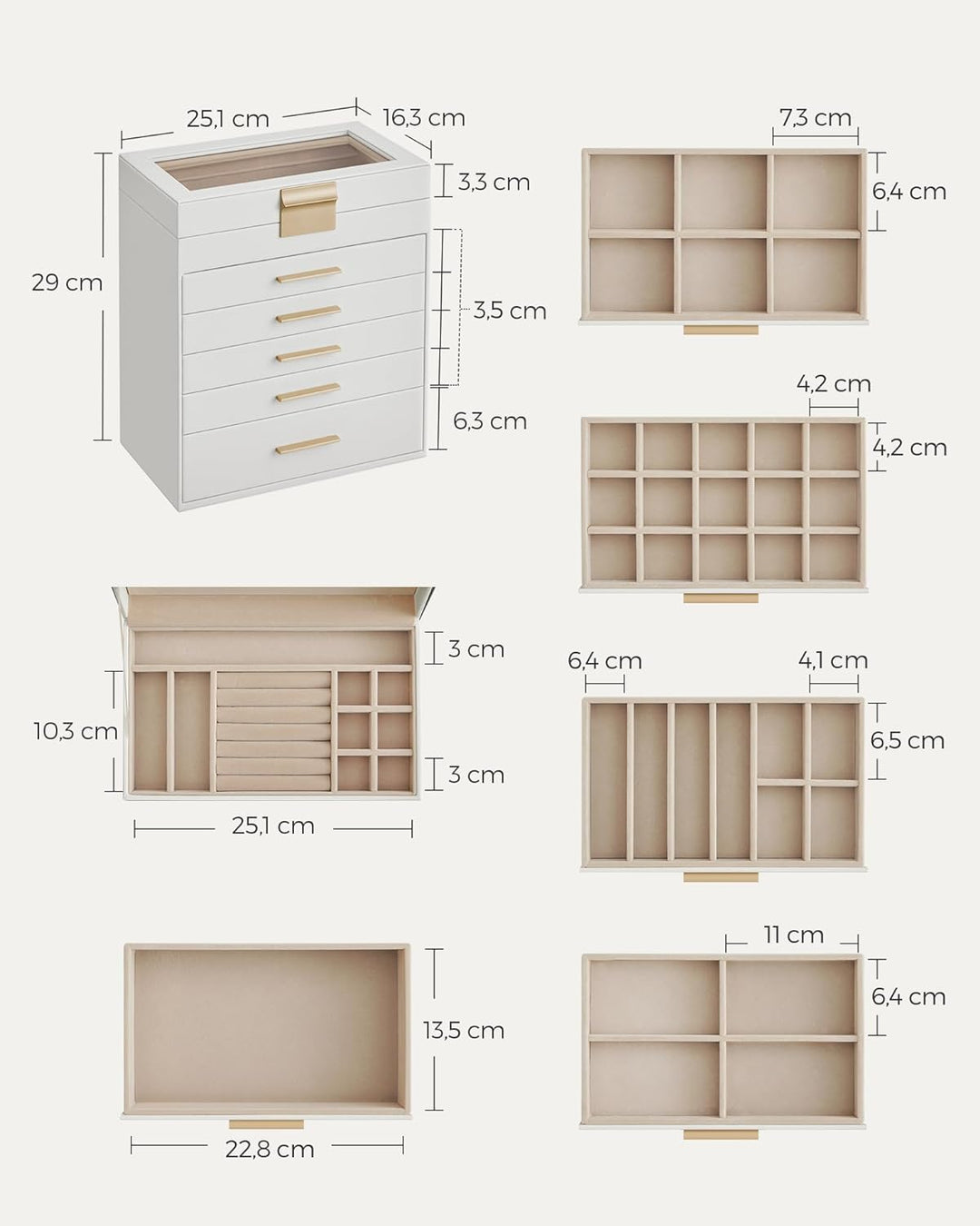 SONGMICS Schmuckkästchen, Schmuckkasten mit 6 Ebenen, Schmuckbox mit Glasdeckel, 5 Schubladen, für S
