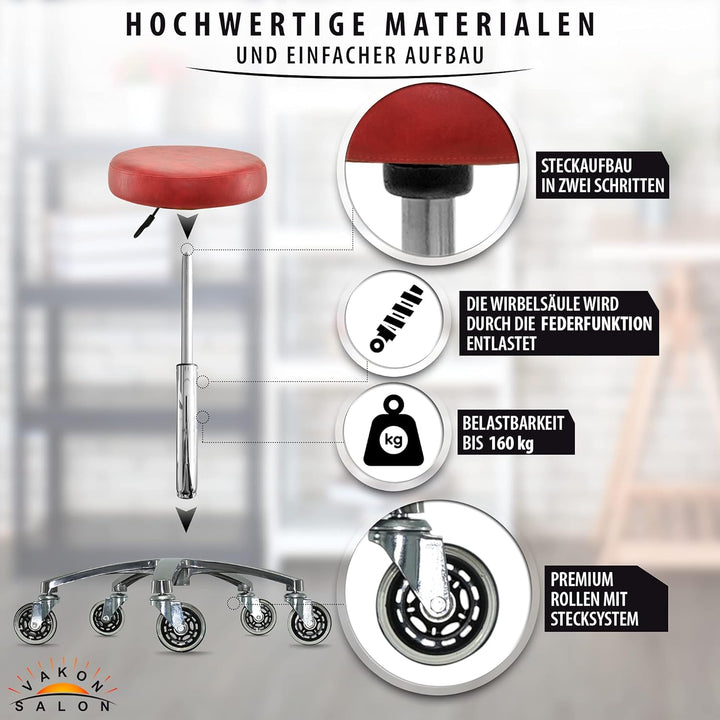 Premium Rollhocker Rot höhenverstellbar von 55 bis 75 cm - Rundsitz- Drehhocker Arbeitshocker Praxis