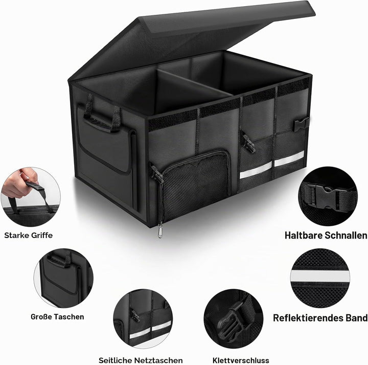 Carehabi Kofferraum Organizer 72L mit Deckel, XXL Faltbare Auto Kofferraumtasche mit Fächern &amp; Tasch