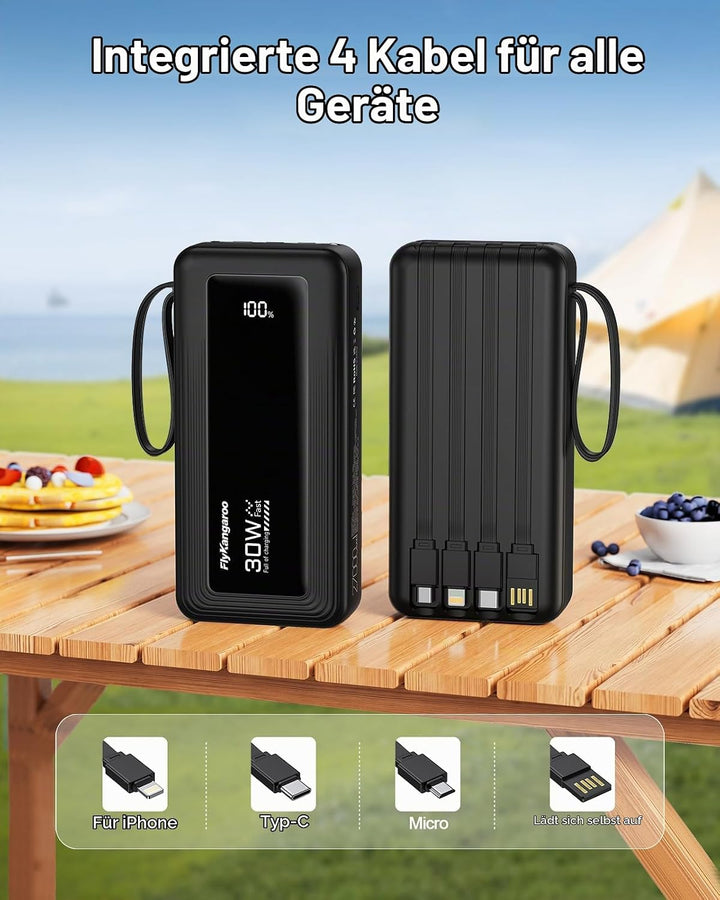 Powerbank 27000mAh mit 4 integrierten Kabel, 30W USB C Schnellladefunktion Schwarz 27000mAh, Schwarz