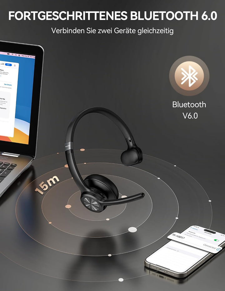 TECKNET Bluetooth Headset mit Mikrofon, Kabelloses Headset mit BT6.0 Technologie, Kopfhörer Kabellos