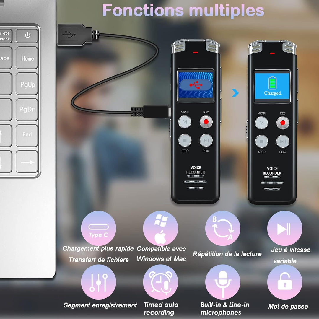 EVISTR Digitaler Voice-Recorder, 128 GB – Tonaufnahmegerät mit Sprachsteuerung und Geräuschreduzieru