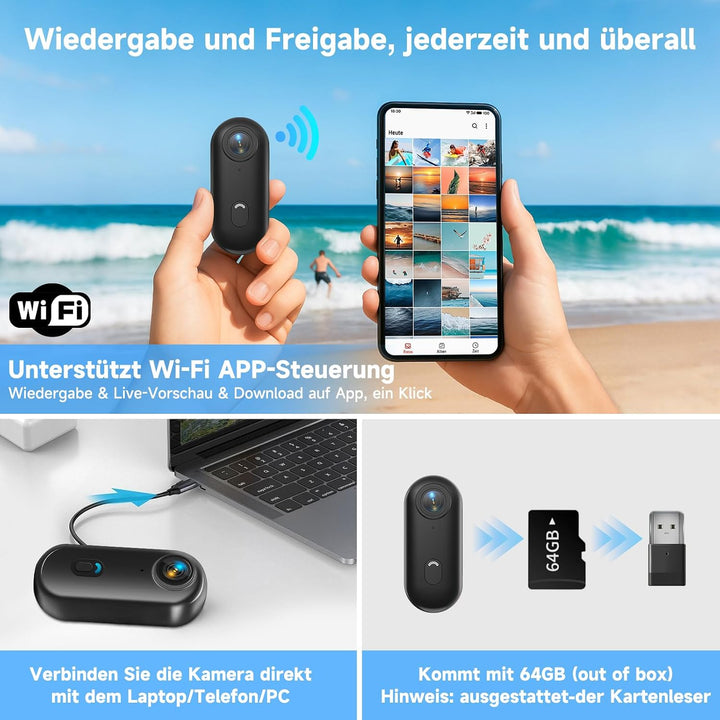 Action Cam Mini, 1080P HD Bodycam WiFi Mit 64 GB Speicherkarte, 120° Weitwinkelobjektiv Actionkamera