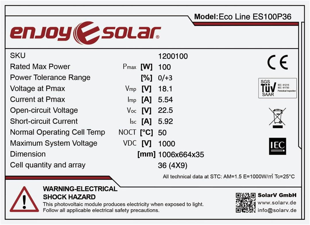 enjoy solar® Poly 100W 12V Polykristallin Solarpanel Solarzelle 100Watt ideal für Wohnmobil, Gartenh