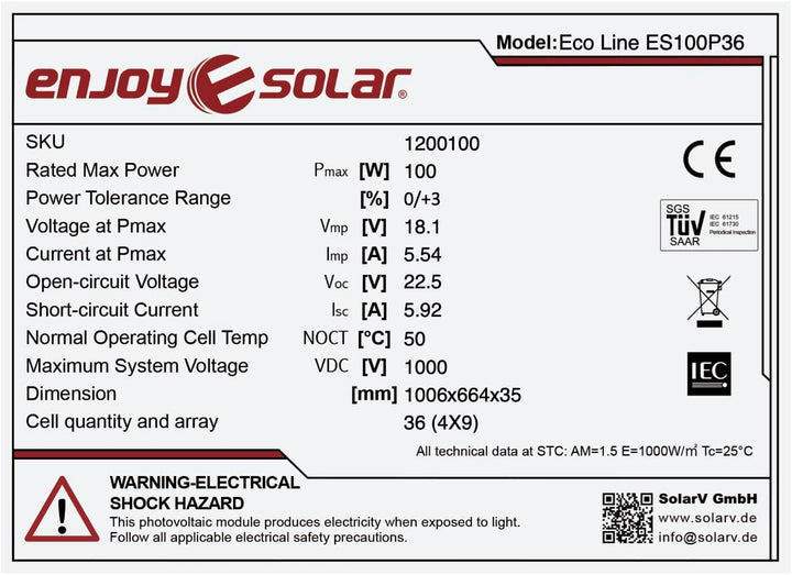 enjoy solar® Poly 100W 12V Polykristallin Solarpanel Solarzelle 100Watt ideal für Wohnmobil, Gartenh