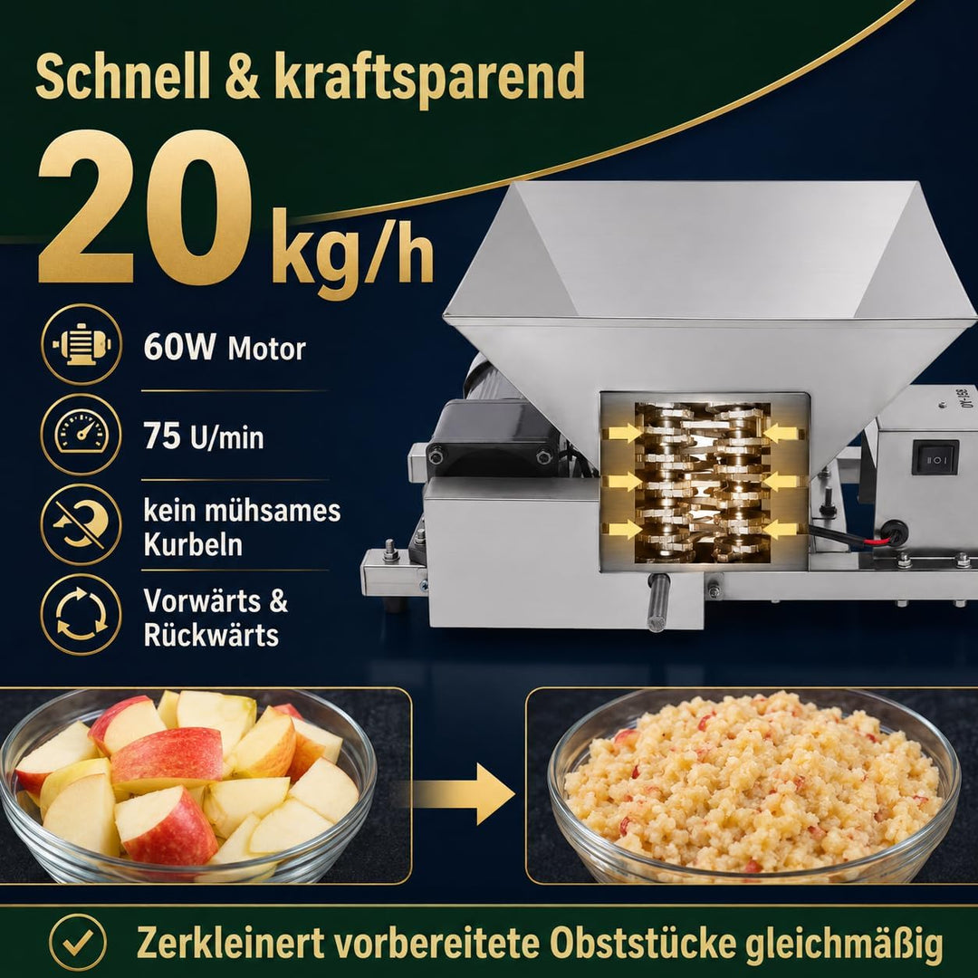Elektrische Obstmühle Edelstahl 60W, Obstzerkleinerer mit 20kg/h &amp; Vor-/Rücklauf, Fruchtmühle Mostmü