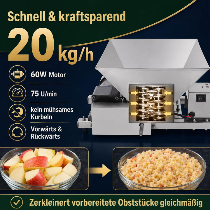 Elektrische Obstmühle Edelstahl 60W, Obstzerkleinerer mit 20kg/h &amp; Vor-/Rücklauf, Fruchtmühle Mostmü