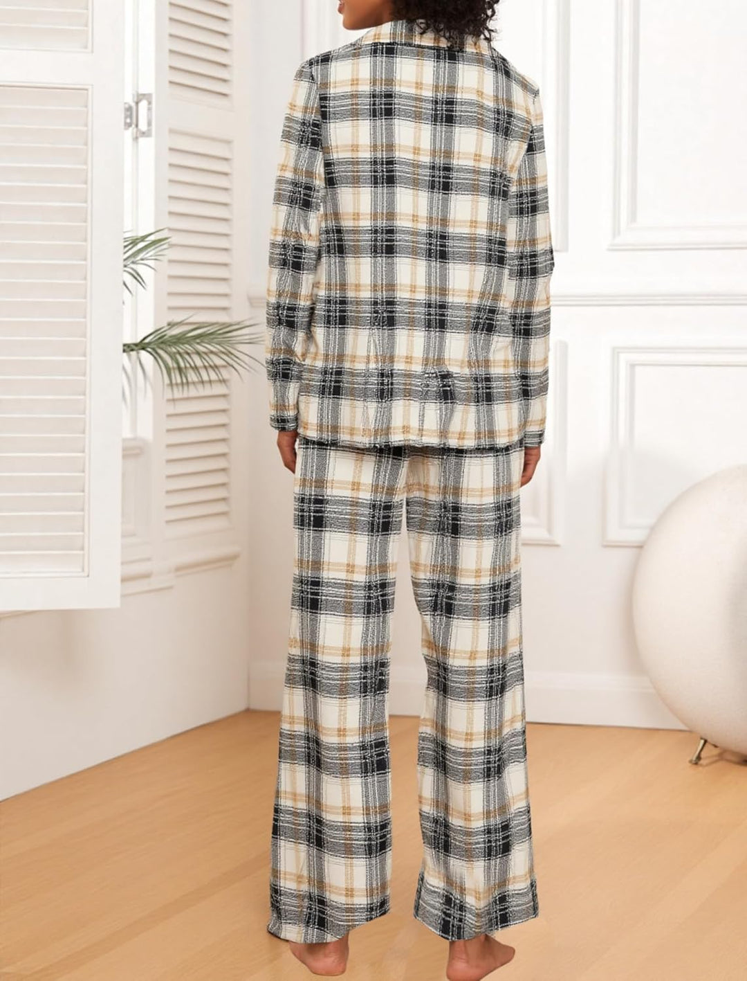 Famulily Frauen Langarm Pyjama Set Plaid Loungewear Sets Button Up Top und Wide Leg Hosen S-XXL M Be