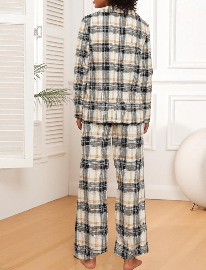 Famulily Frauen Langarm Pyjama Set Plaid Loungewear Sets Button Up Top und Wide Leg Hosen S-XXL M Be