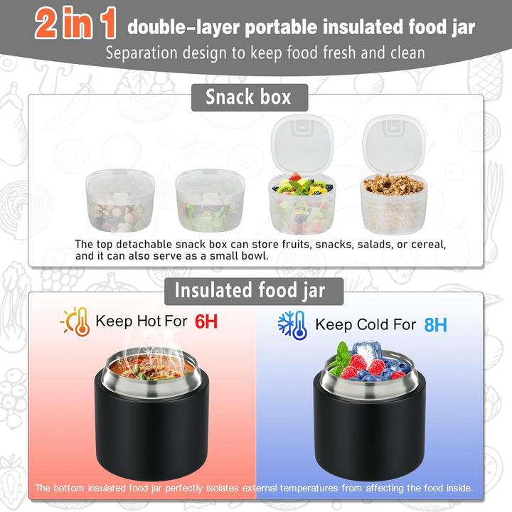 Itslife Thermobehälter für Essen 450ml mit 2pcs Snackbox, Auslaufsicherer Lunchbox Kinder mit Löffel