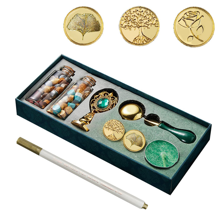 AOMAYLL Wachsstempel Set,Siegelstempel-Set für Briefe, Geschenke,1Griff aus Zinklegierung,3 Messingk