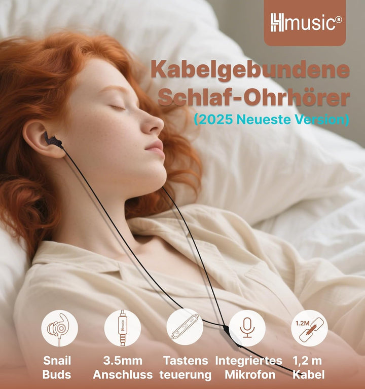 Hmusic Schlaf Ohrhörer, 30dB Geräuschisolierung, 2g leicht 3,5mm Kopfhörer, flach/dünn Komfortable S