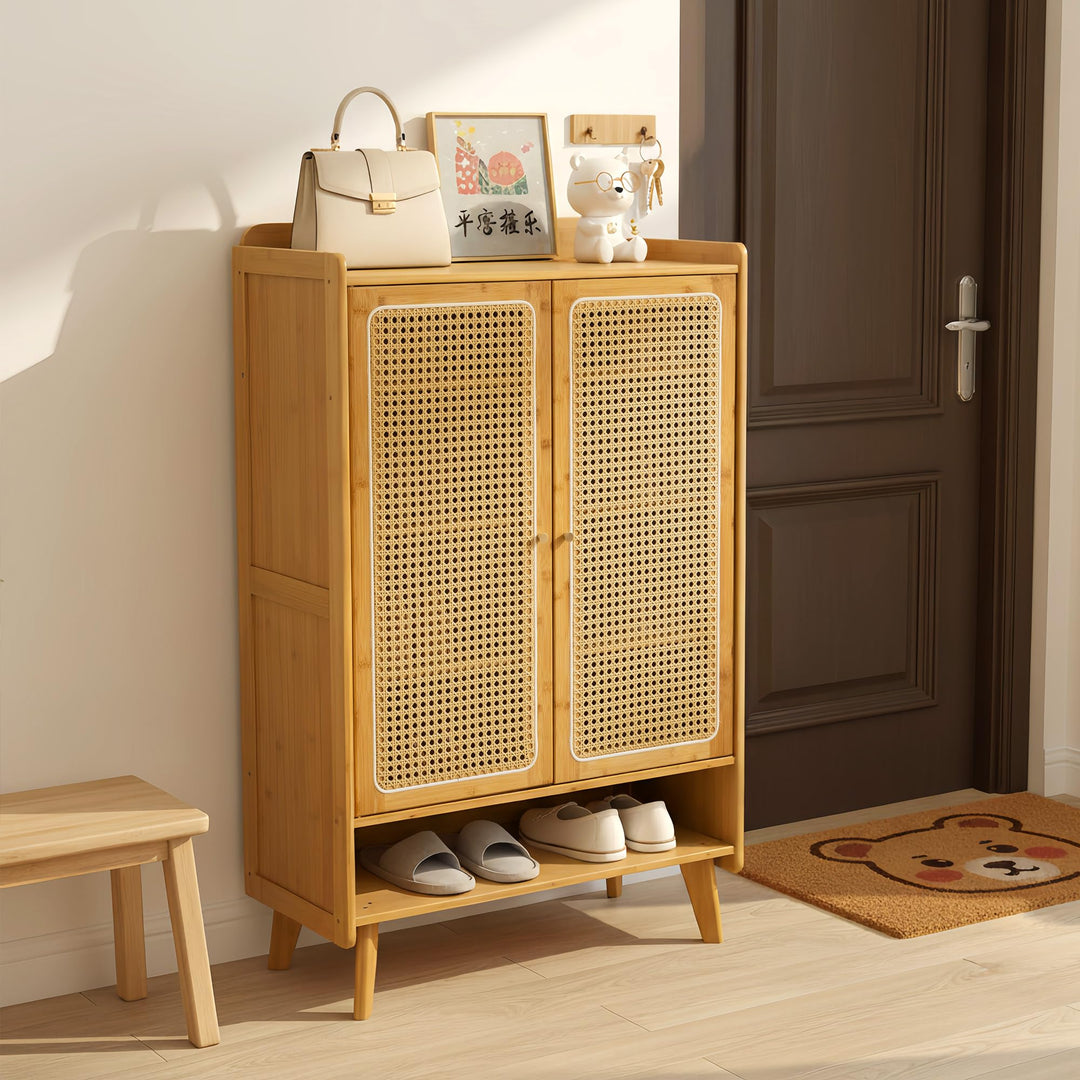 Schuhschrank Holz mit Korbgeflecht-Türen, Moderner Bambus Schuhschrank mit 5 Ebenen, Schuhregal mit