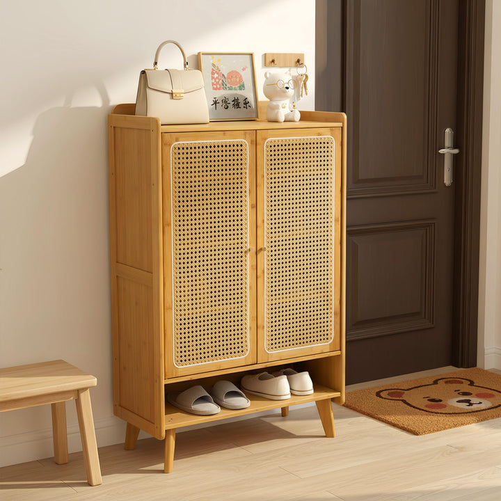 Schuhschrank Holz mit Korbgeflecht-Türen, Moderner Bambus Schuhschrank mit 5 Ebenen, Schuhregal mit