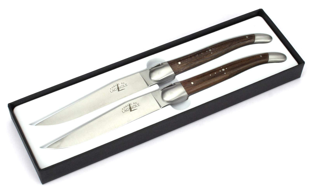 Forge de Laguiole - Set Zwei Steakmesser - Griff fossile Mooreiche - Edle Tafel-Messer - Stahl matt