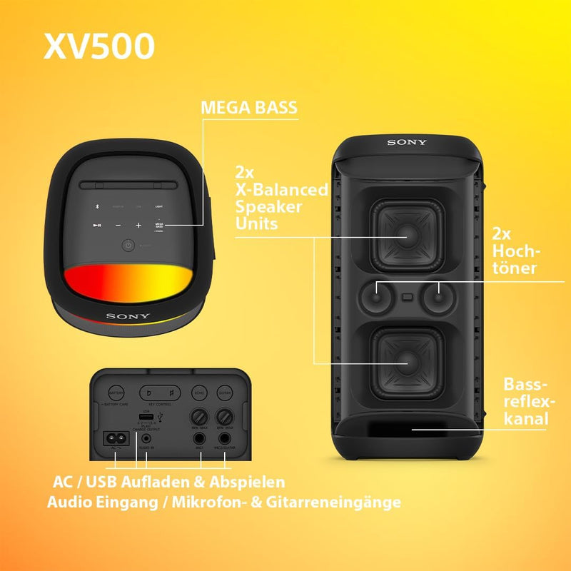 Sony SRS-XV500 - Kabelloser Bluetooth-Partylautsprecher mit kraftvollem Sound und MEGA BASS - 25 Stu