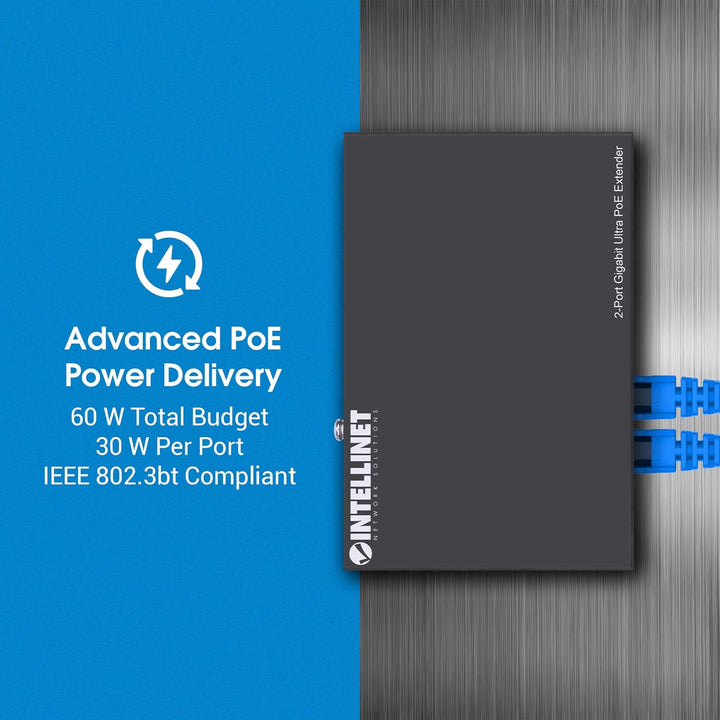 INTELLINET 2-Port Gigabit Ultra PoE-Extender 60W um 100m, Schwarz