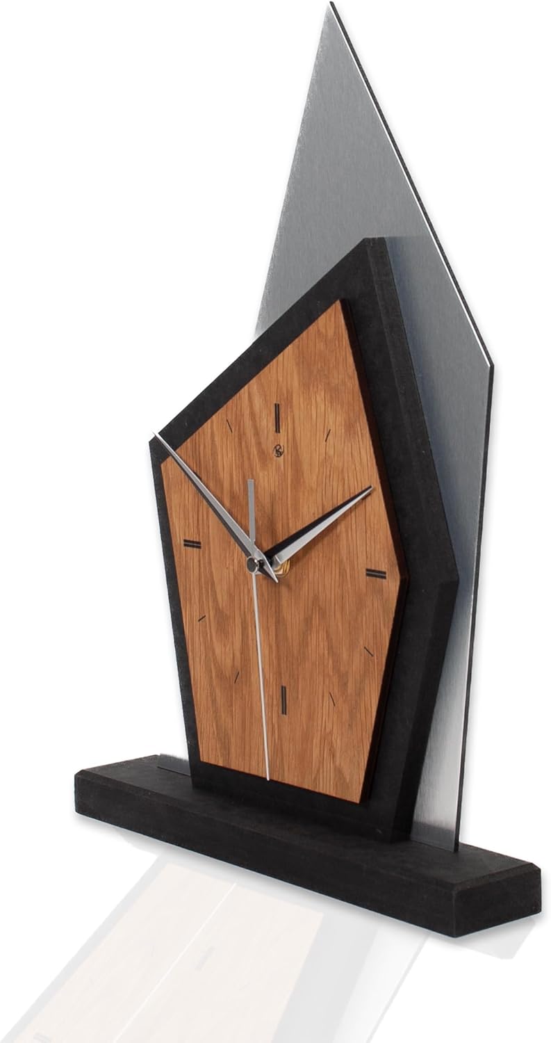 Kreative Feder Designer-Standuhr „Mountain Range“ aus Holz - Tischuhr in modernem Metallic-Look schw