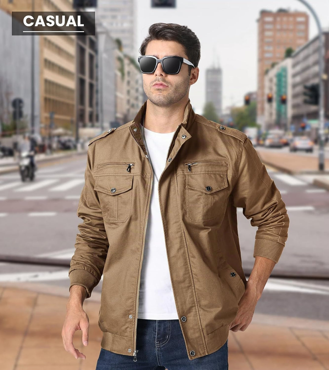 EKLENTSON Herren Arbeitsjacke Workwear Übergangsjacke Cargo Jacke mit Vielen Taschen L Khaki #91, L