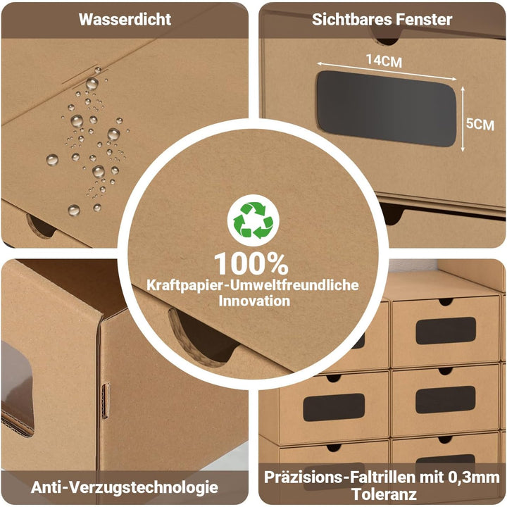 30x Aufbewahrungsbox in Braun – Stapelbare Schuhbox aus Kraftpapier mit Sichtfenster, Faltbare Schuh
