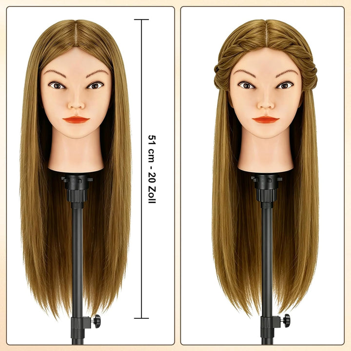 TwoWin Übungspuppe mit braunem Kopf, Echthaar, zum Flechten von Make-up, inklusive Klemmhalter, Brau