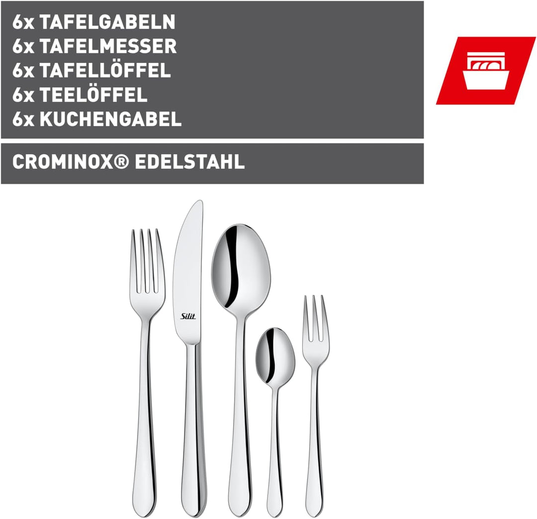 Silit Midi Besteck Set 6 Personen, 30-teilig, Monobloc-Messer, Crominox Edelstahl poliert, glänzend,